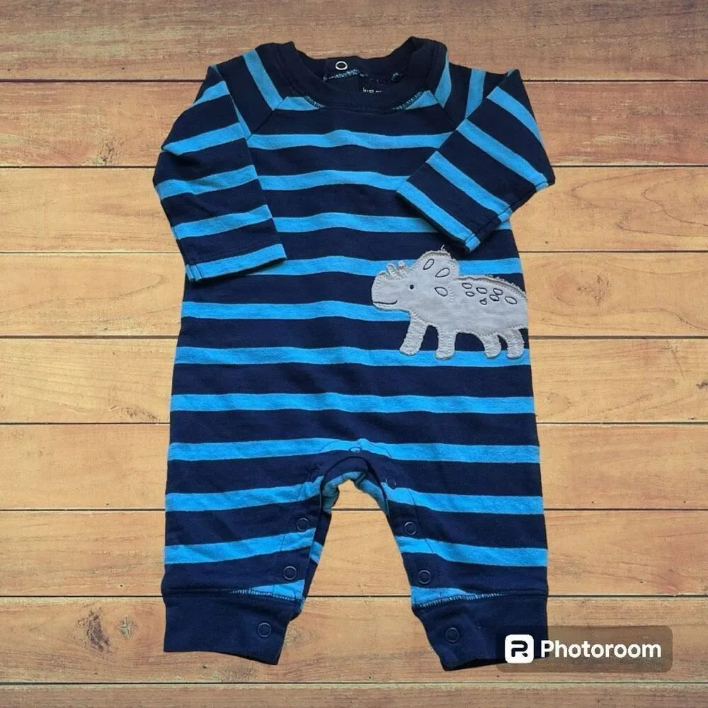 Just One You Boys Blue Striped With Dinosaur One Piece   Sz 3m   EUC